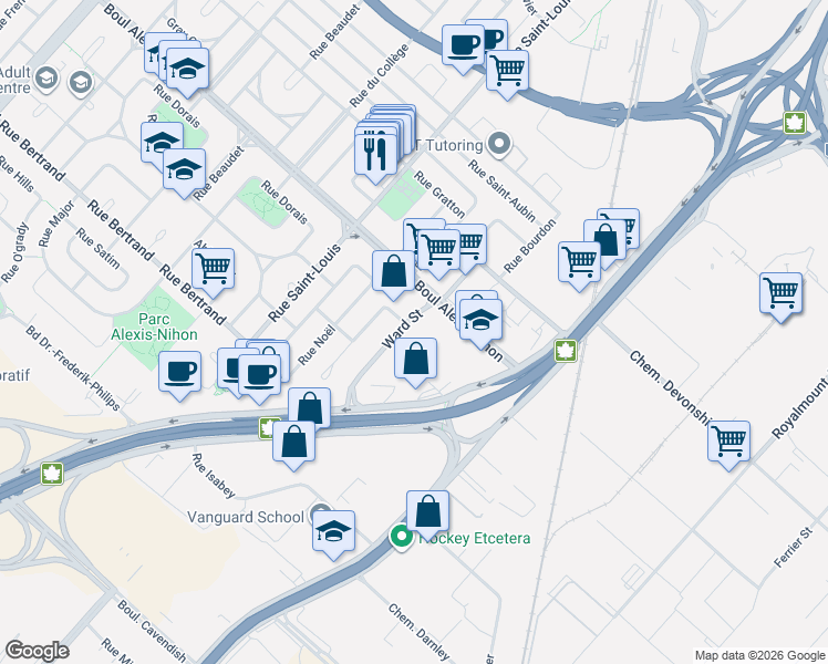 map of restaurants, bars, coffee shops, grocery stores, and more near 2250 Rue Ward in Montréal