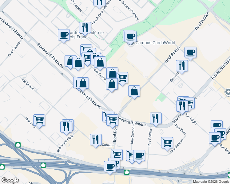 map of restaurants, bars, coffee shops, grocery stores, and more near 4060 Rue Steinberg in Montréal