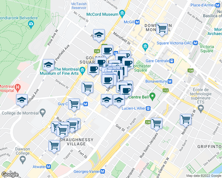 map of restaurants, bars, coffee shops, grocery stores, and more near 1348 Rue Sainte-Catherine Ouest in Montréal