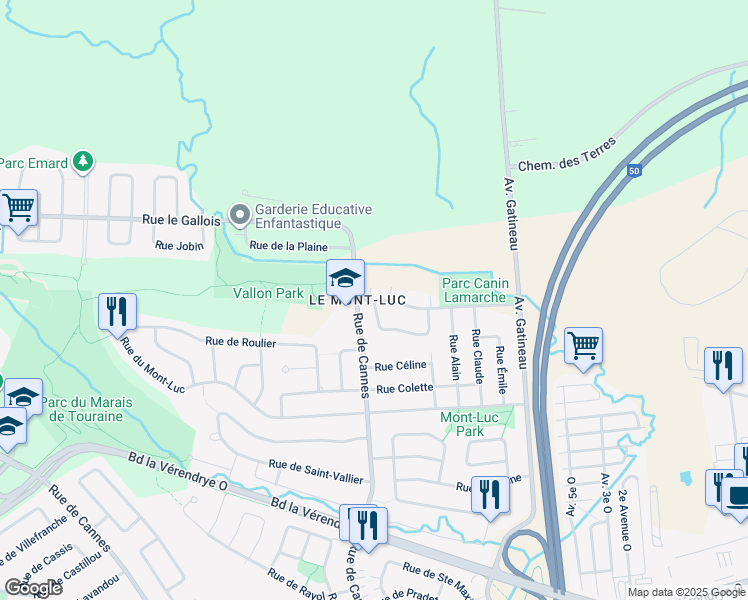 map of restaurants, bars, coffee shops, grocery stores, and more near 995 Boulevard Saint-René Ouest in Gatineau