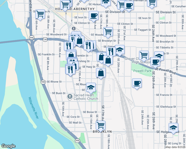 map of restaurants, bars, coffee shops, grocery stores, and more near 3506 Southeast 15th Avenue in Portland