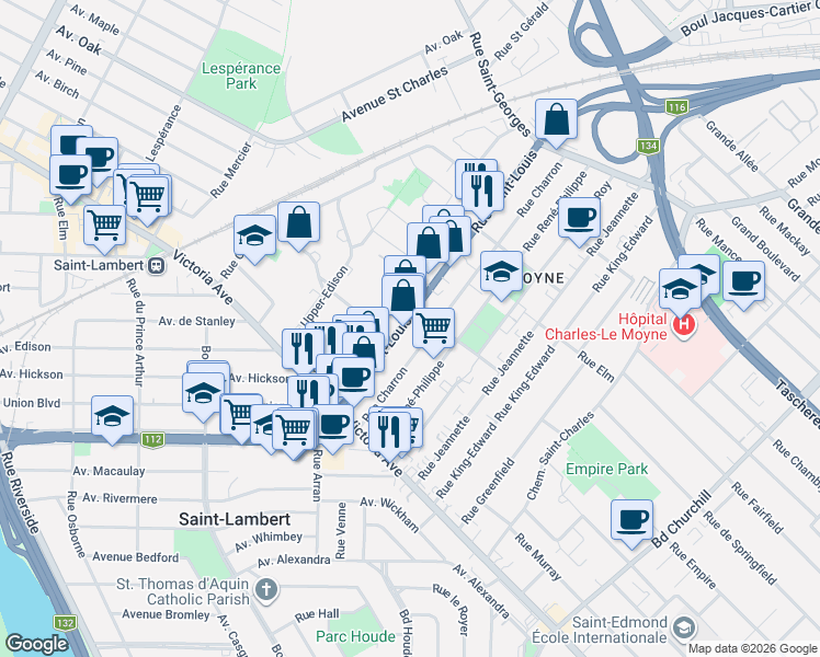 map of restaurants, bars, coffee shops, grocery stores, and more near 84 Rue Saint-Louis in Longueuil