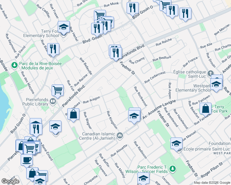 map of restaurants, bars, coffee shops, grocery stores, and more near 13184 Rue Aragon in Montréal