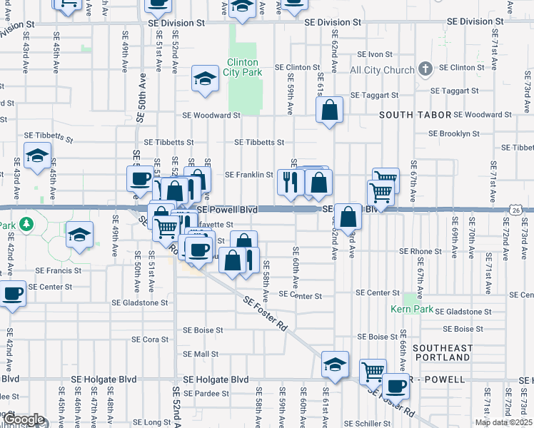 map of restaurants, bars, coffee shops, grocery stores, and more near 3420 Southeast 57th Avenue in Portland