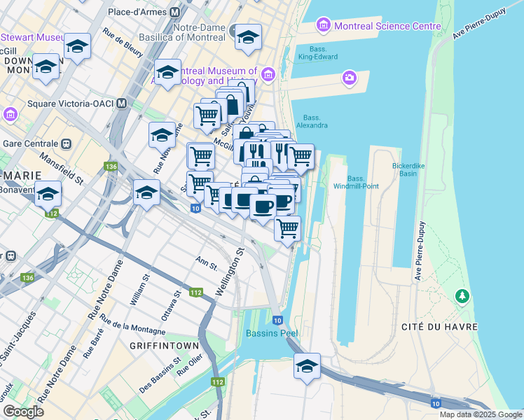 map of restaurants, bars, coffee shops, grocery stores, and more near 80 Rue Queen in Montréal