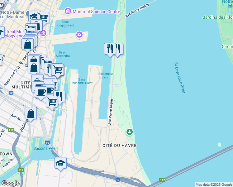 map of restaurants, bars, coffee shops, grocery stores, and more near 2500 Pierre Dupuy Ave in Montreal