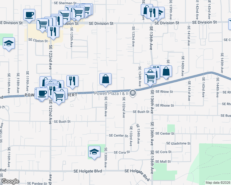 map of restaurants, bars, coffee shops, grocery stores, and more near 13062 Southeast Powell Boulevard in Portland