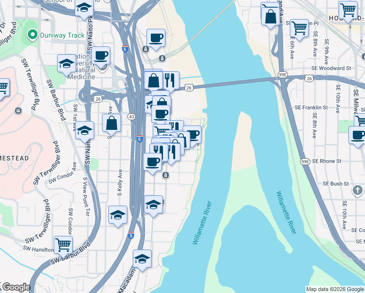 map of restaurants, bars, coffee shops, grocery stores, and more near 836 Southwest Curry Street in Portland