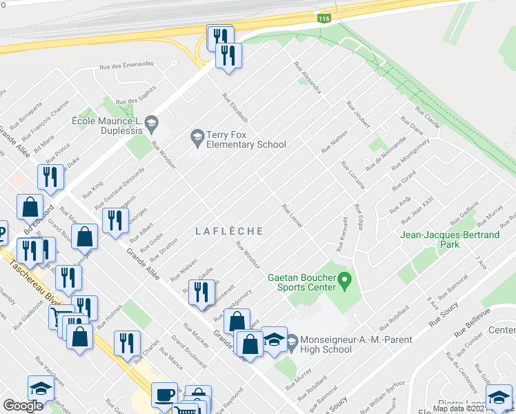 map of restaurants, bars, coffee shops, grocery stores, and more near 1623 Rue Nielsen in Longueuil