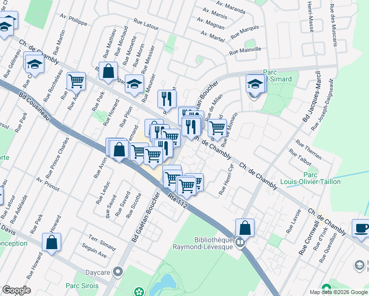 map of restaurants, bars, coffee shops, grocery stores, and more near 2335 Boulevard Gaétan-Boucher in Longueuil