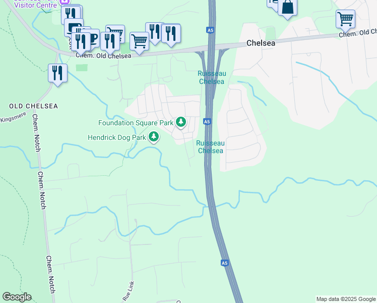 map of restaurants, bars, coffee shops, grocery stores, and more near 303 Chemin Ladyfield in Chelsea