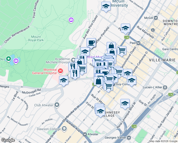 map of restaurants, bars, coffee shops, grocery stores, and more near 1535 Avenue Summerhill in Montreal