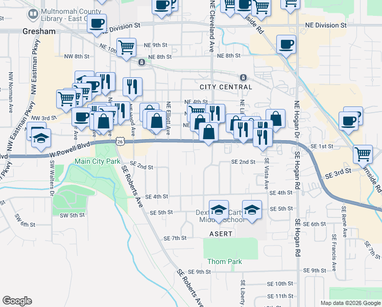 map of restaurants, bars, coffee shops, grocery stores, and more near 815 Southeast Juniper Avenue in Gresham