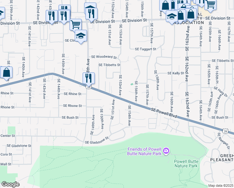 map of restaurants, bars, coffee shops, grocery stores, and more near 3403 Southeast 153rd Avenue in Portland