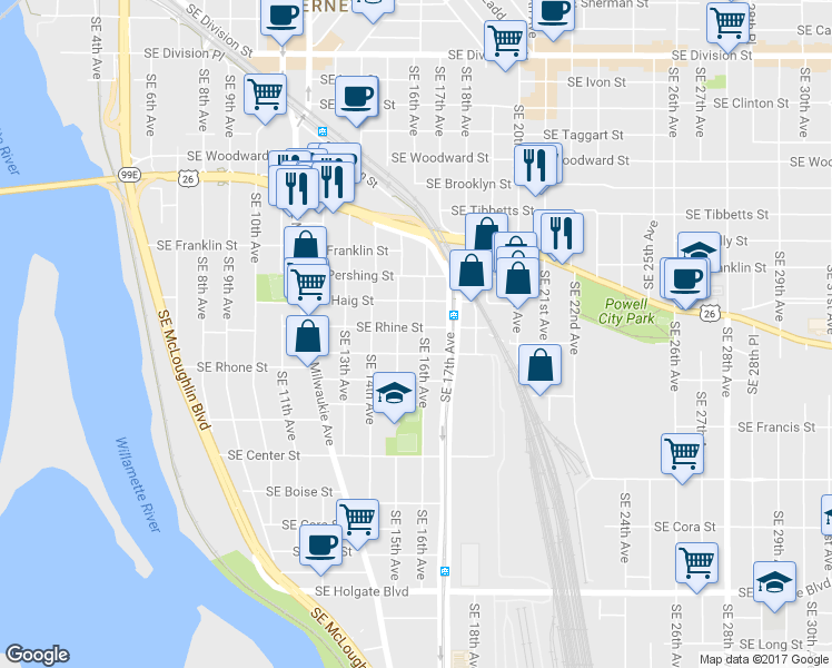map of restaurants, bars, coffee shops, grocery stores, and more near 3404 Southeast 16th Avenue in Portland