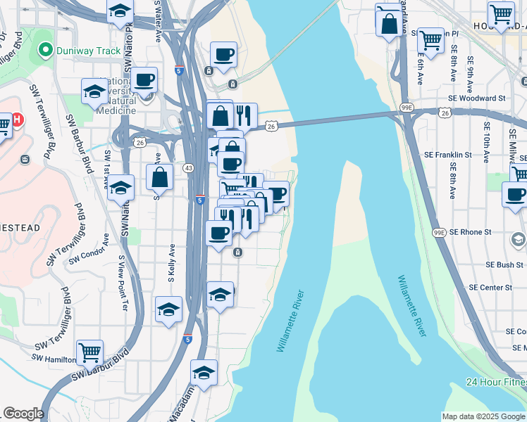 map of restaurants, bars, coffee shops, grocery stores, and more near in Portland