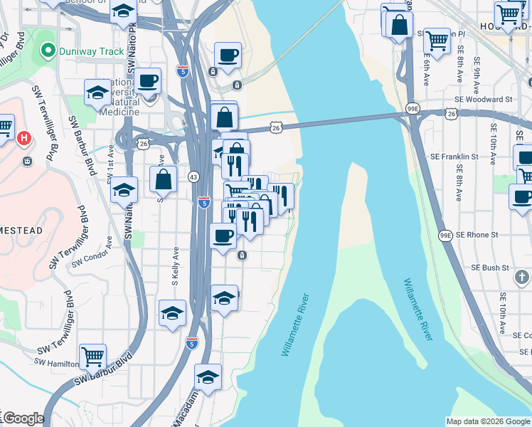 map of restaurants, bars, coffee shops, grocery stores, and more near 3570 South River Parkway in Portland