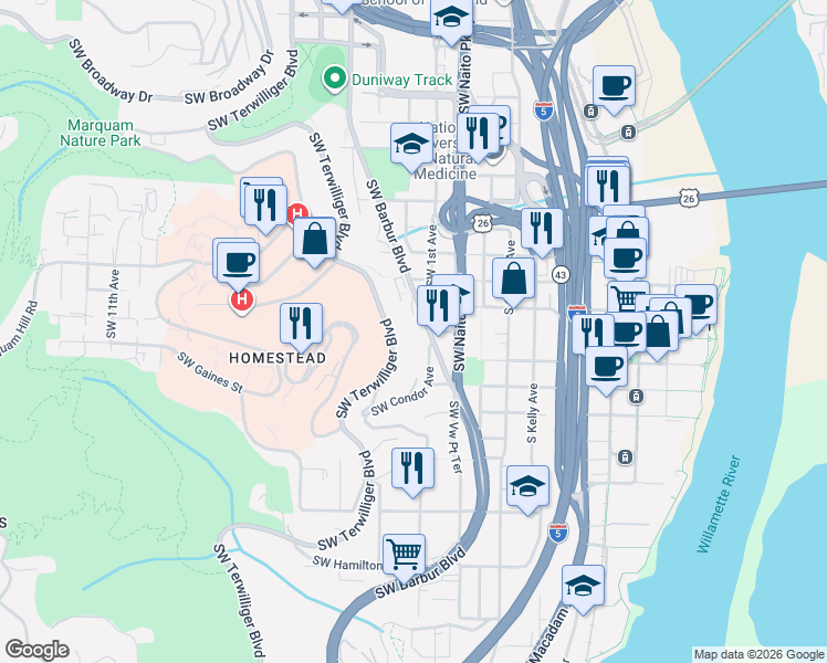 map of restaurants, bars, coffee shops, grocery stores, and more near 3425-3499 Southwest 1st Avenue in Portland