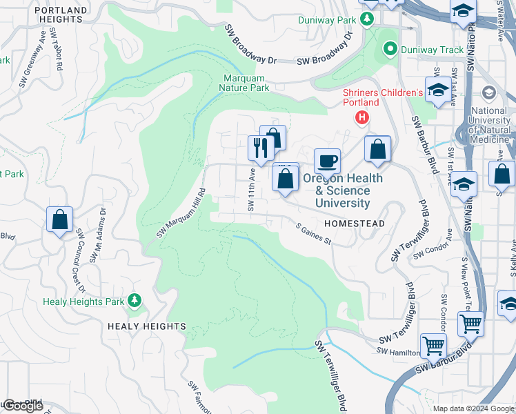 map of restaurants, bars, coffee shops, grocery stores, and more near 3414 Southwest 11th Avenue in Portland