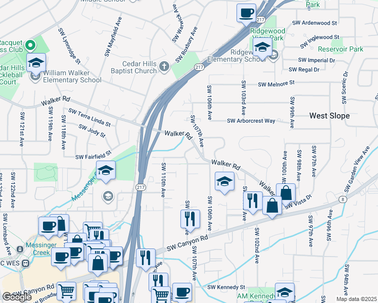 map of restaurants, bars, coffee shops, grocery stores, and more near 10810 Southwest Walker Road in Beaverton