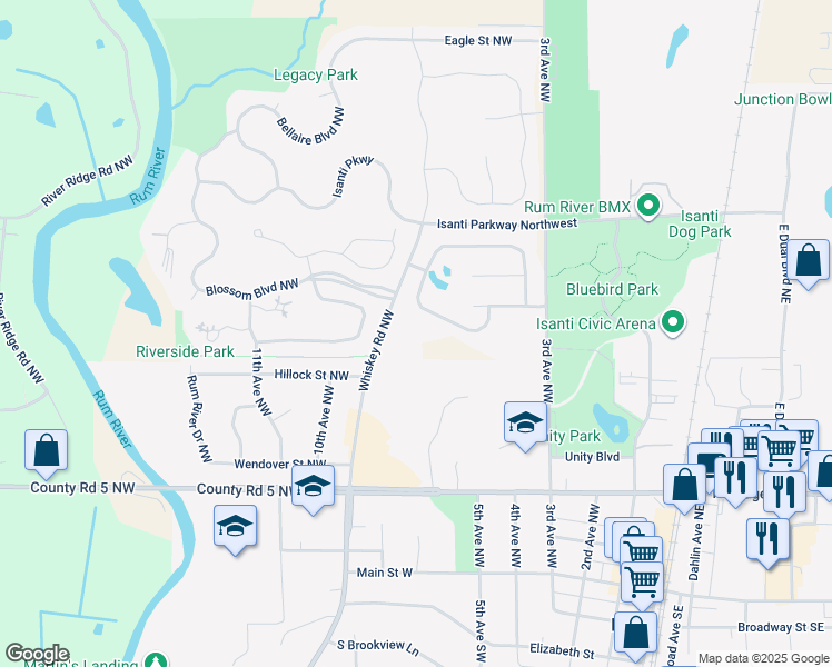 map of restaurants, bars, coffee shops, grocery stores, and more near 701 Park Brook Road Northwest in Isanti