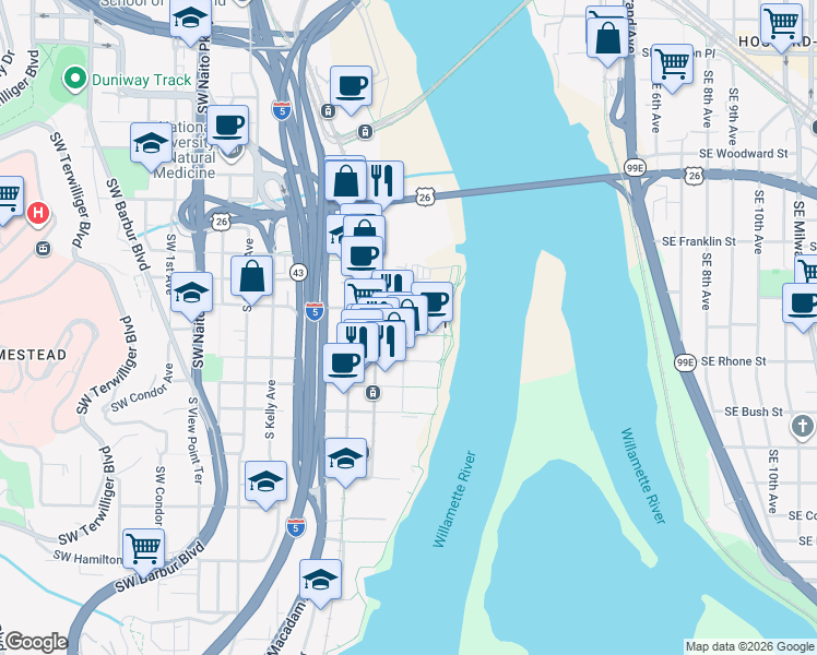 map of restaurants, bars, coffee shops, grocery stores, and more near 3570 South River Parkway in Portland