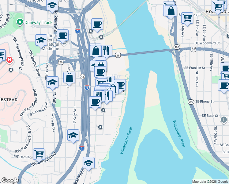 map of restaurants, bars, coffee shops, grocery stores, and more near in Portland
