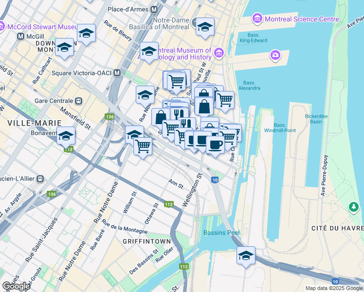 map of restaurants, bars, coffee shops, grocery stores, and more near in Montreal