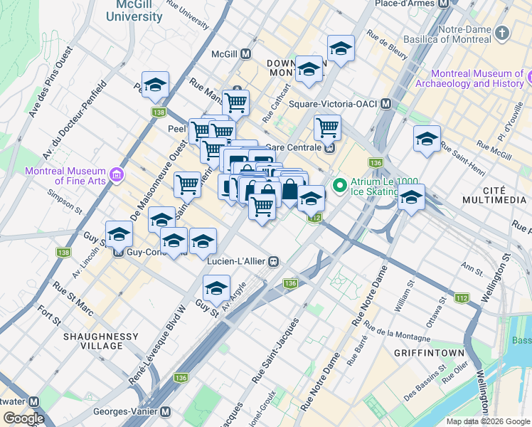map of restaurants, bars, coffee shops, grocery stores, and more near 1250 Boulevard René-Lévesque Ouest in Montréal