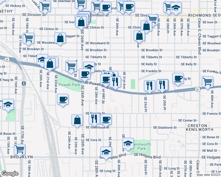 map of restaurants, bars, coffee shops, grocery stores, and more near SE Powell Blvd & SE 29th Ave in Portland