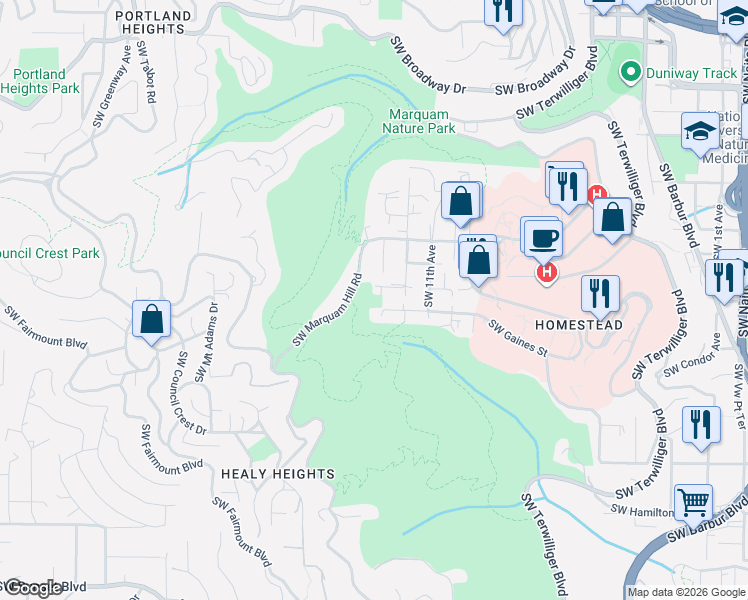 map of restaurants, bars, coffee shops, grocery stores, and more near 3424 Southwest 14th Avenue in Portland