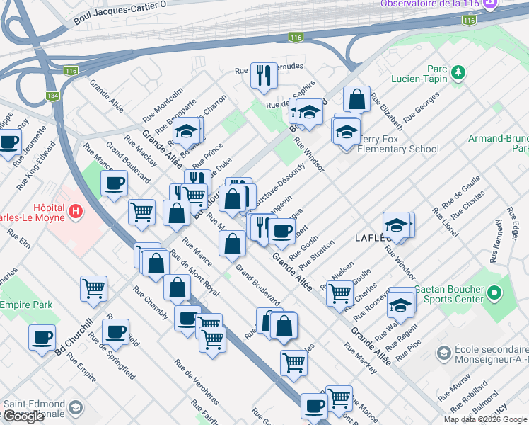 map of restaurants, bars, coffee shops, grocery stores, and more near 1889 Rue Langevin in Longueuil