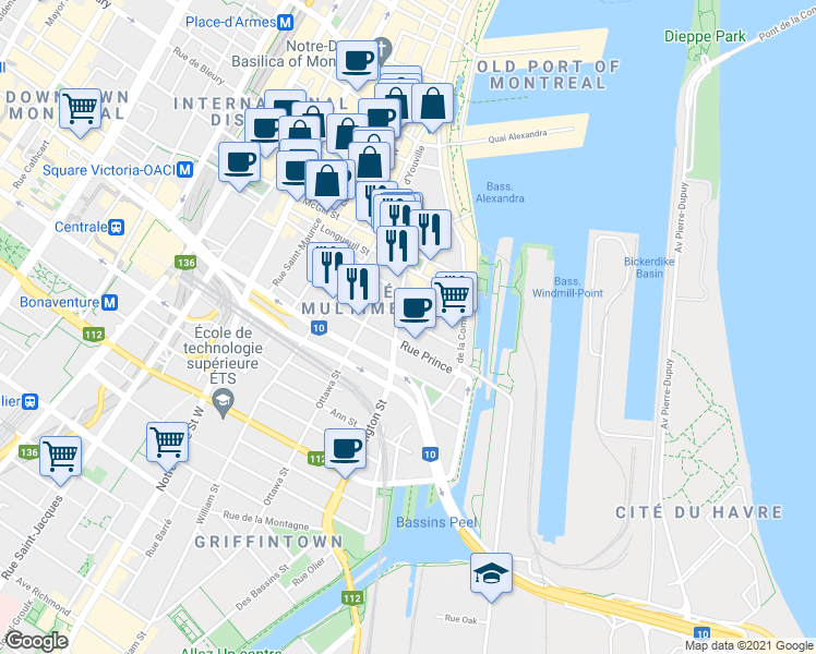 map of restaurants, bars, coffee shops, grocery stores, and more near 730 Rue Wellington in Montréal