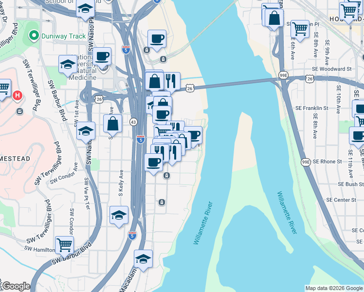 map of restaurants, bars, coffee shops, grocery stores, and more near in Portland