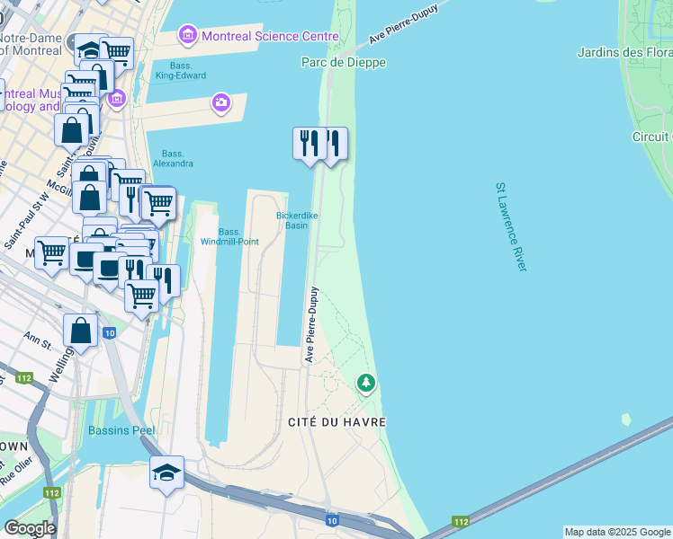 map of restaurants, bars, coffee shops, grocery stores, and more near 2500 Avenue Pierre-Dupuy in Montreal