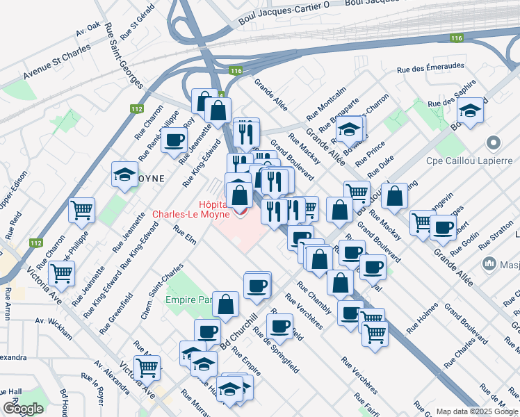 map of restaurants, bars, coffee shops, grocery stores, and more near 3123 Boulevard Taschereau in Longueuil