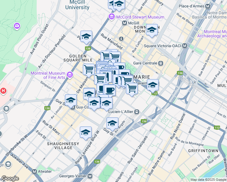 map of restaurants, bars, coffee shops, grocery stores, and more near in Montreal