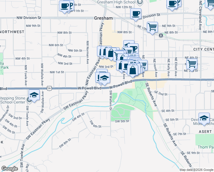 map of restaurants, bars, coffee shops, grocery stores, and more near 224 Northwest 1st Street in Gresham