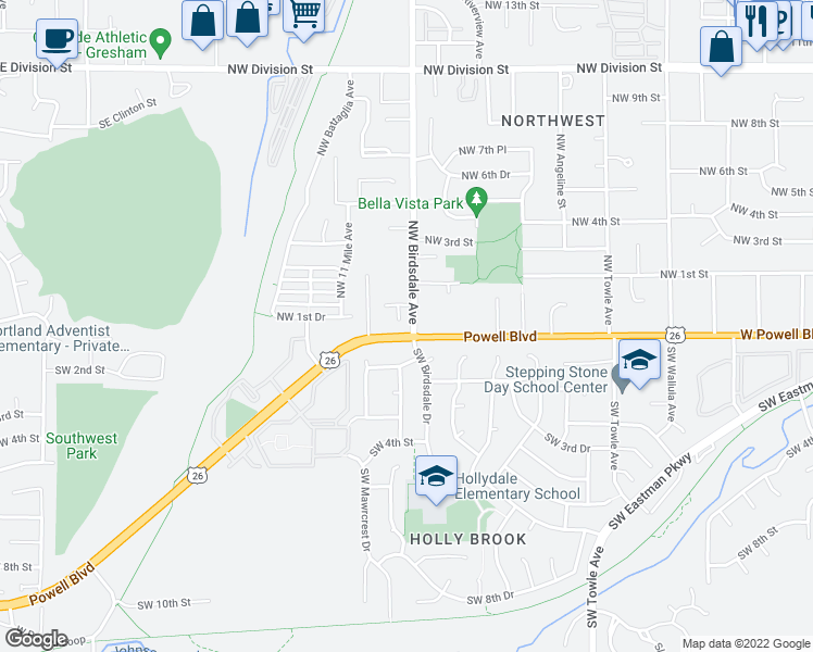 map of restaurants, bars, coffee shops, grocery stores, and more near 32 Northwest Lillyben Place in Gresham