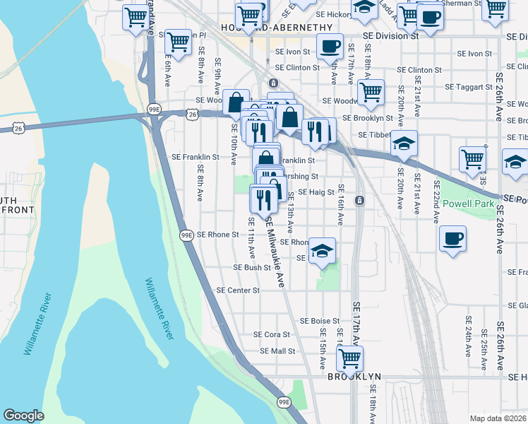 map of restaurants, bars, coffee shops, grocery stores, and more near 3511 Southeast Milwaukie Avenue in Portland