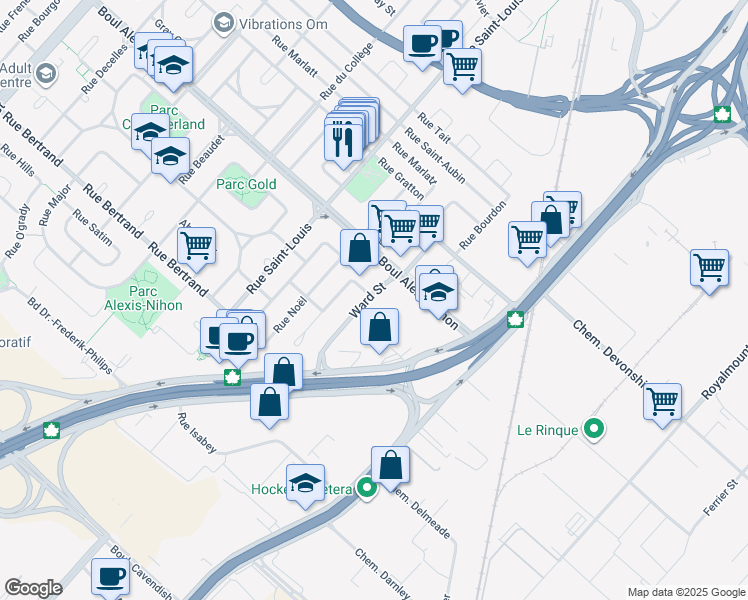 map of restaurants, bars, coffee shops, grocery stores, and more near 2250 Ward Street in Montrã©Al