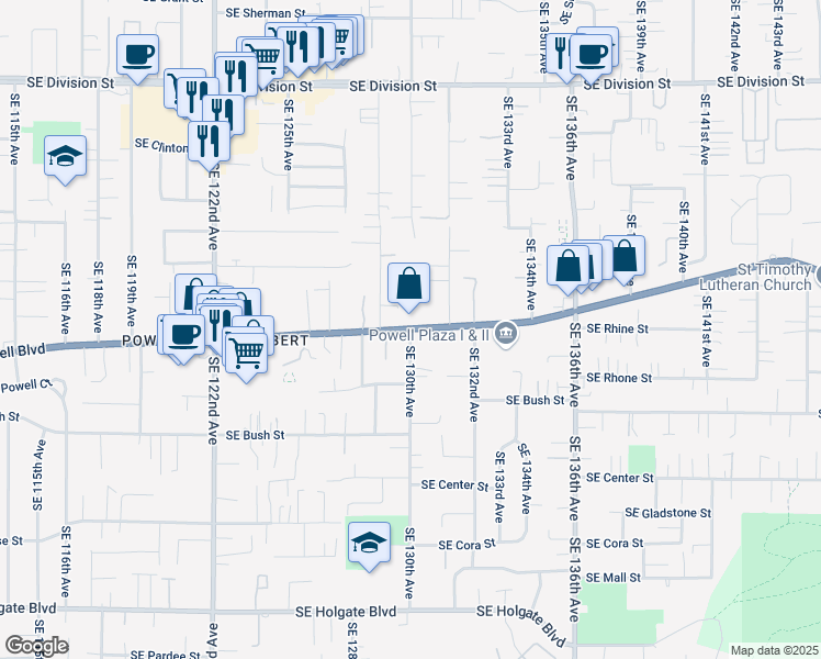 map of restaurants, bars, coffee shops, grocery stores, and more near SE Powell Blvd & SE 130th Ave in Portland