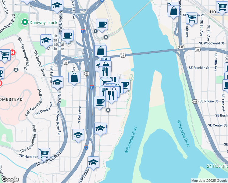 map of restaurants, bars, coffee shops, grocery stores, and more near 3550 South Bond Avenue in Portland