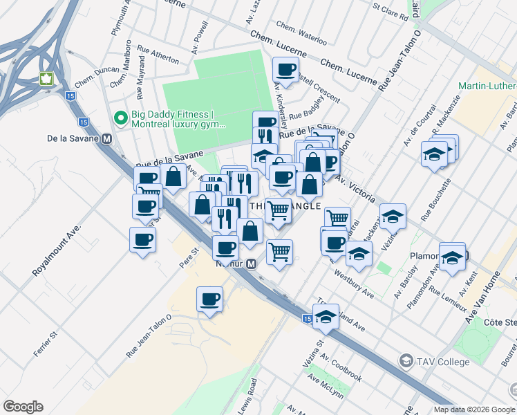 map of restaurants, bars, coffee shops, grocery stores, and more near 5150 Rue Buchan in Montrã©Al