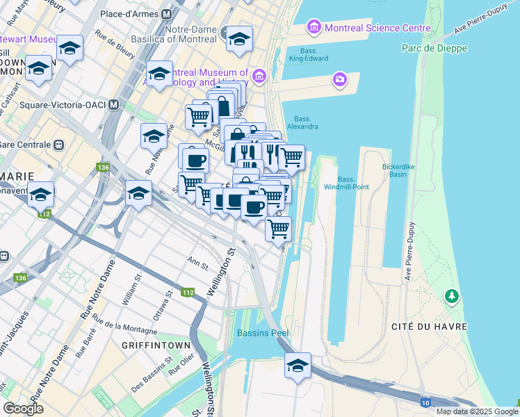 map of restaurants, bars, coffee shops, grocery stores, and more near 75 Rue Queen in Montréal
