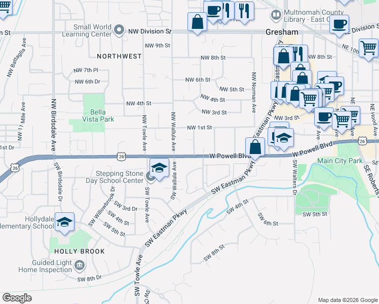 map of restaurants, bars, coffee shops, grocery stores, and more near 1113 West Powell Boulevard in Gresham