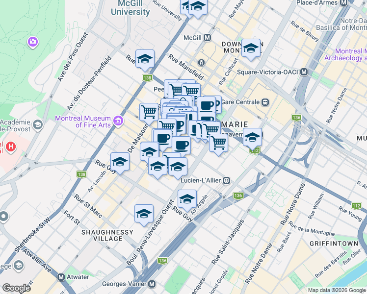 map of restaurants, bars, coffee shops, grocery stores, and more near 1201 Rue de la Montagne in Montreal