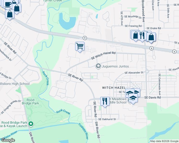 map of restaurants, bars, coffee shops, grocery stores, and more near 3999 Southeast Lone Oak Street in Hillsboro
