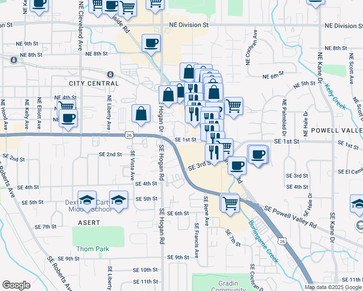 map of restaurants, bars, coffee shops, grocery stores, and more near 2053 Southeast 1st Street in Gresham