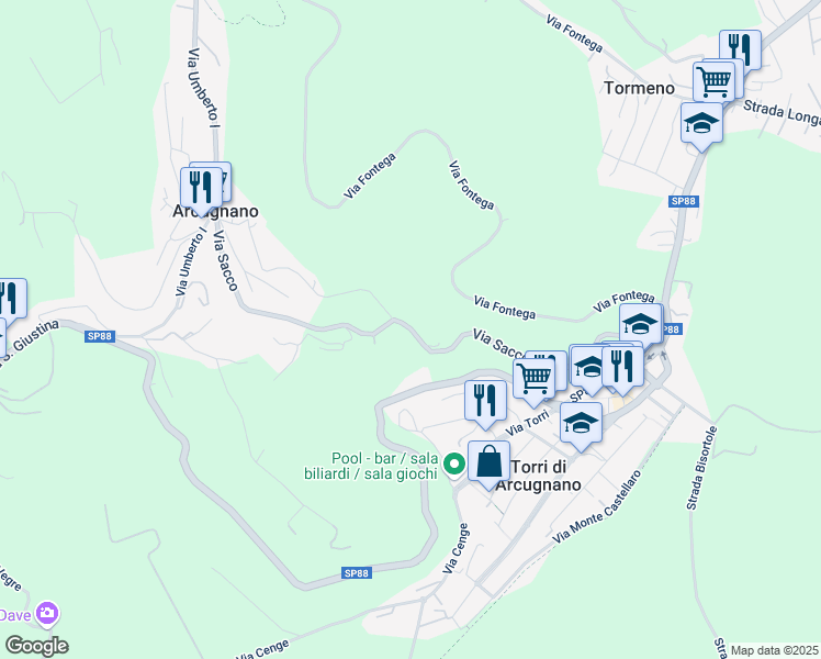 map of restaurants, bars, coffee shops, grocery stores, and more near 55 Via Giardini in Torri di Arcugnano